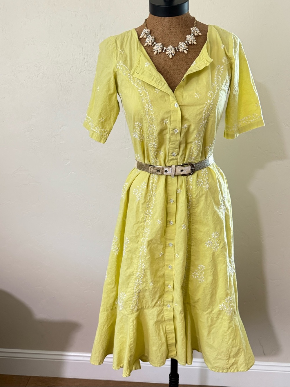 Cotton Citron Yellow button-down short sleeve midi dress chikankari embroidery